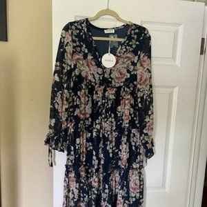 Midnight Rendezvous Navy And Blush Floral Print Maxi Dress - SMALL / Navy